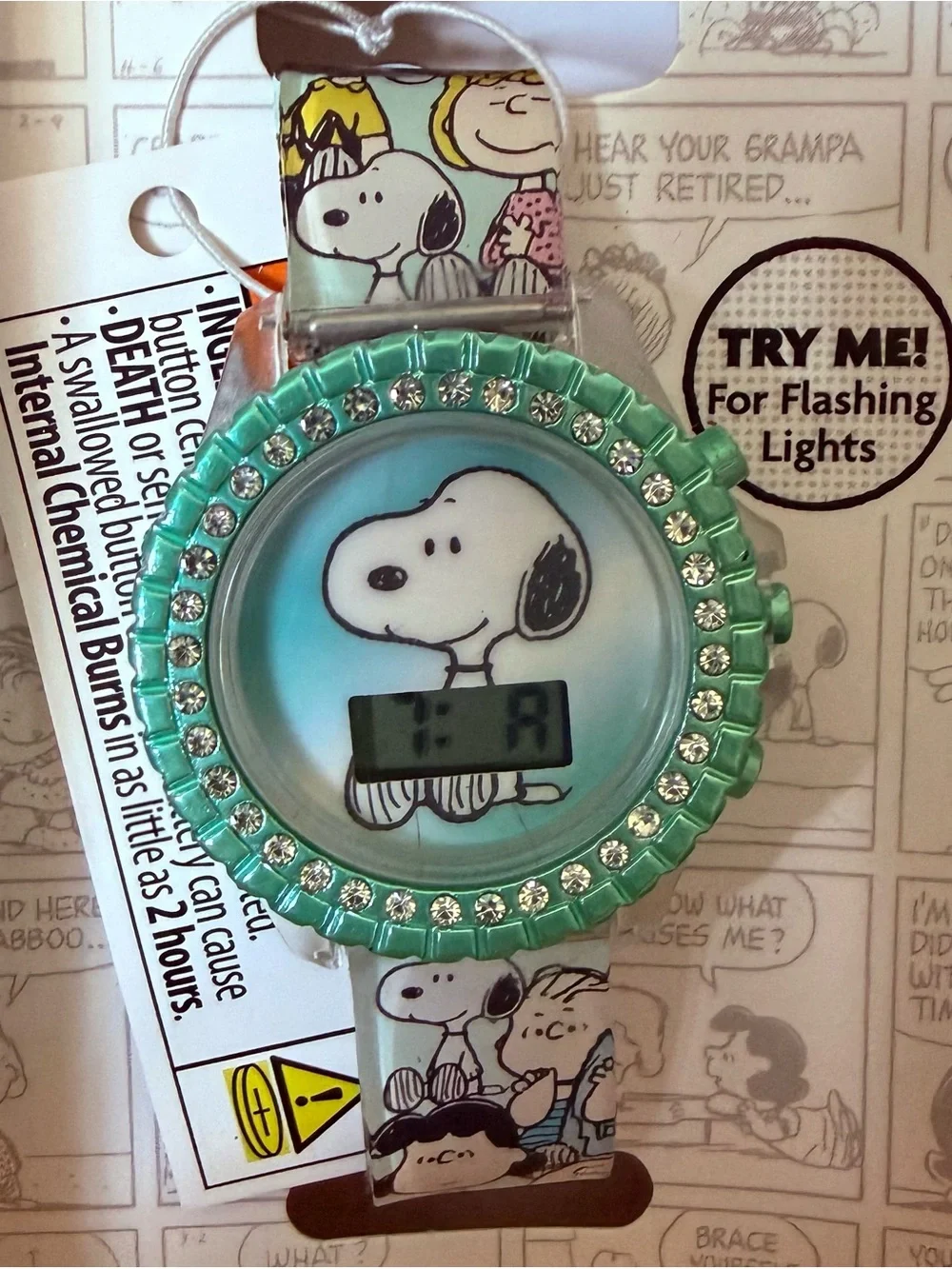 NWT Peanuts Snoopy and Friends light teal with rhinestones LCD watch with lights